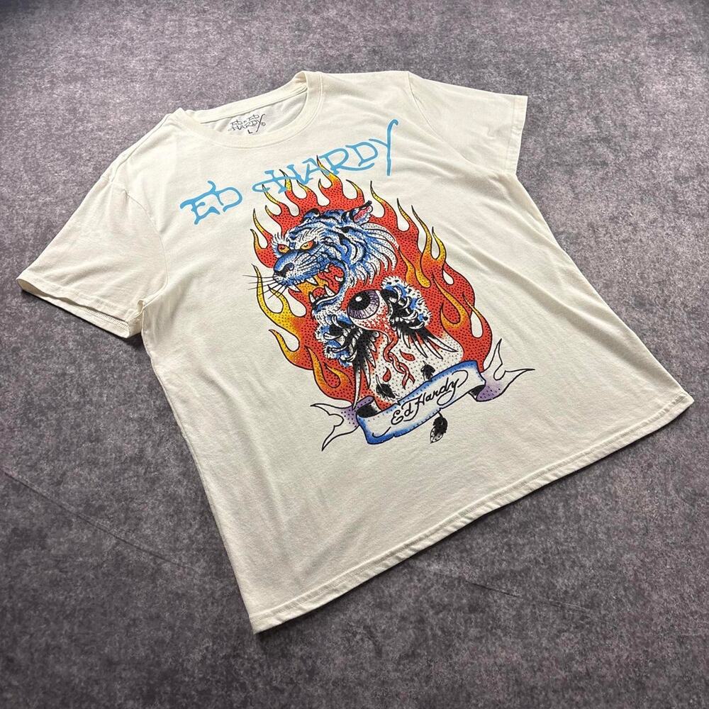 Ed Hardy Flame Tiger Rhinestone Graphic T Shirt Mens Large White Y2K Tattoo